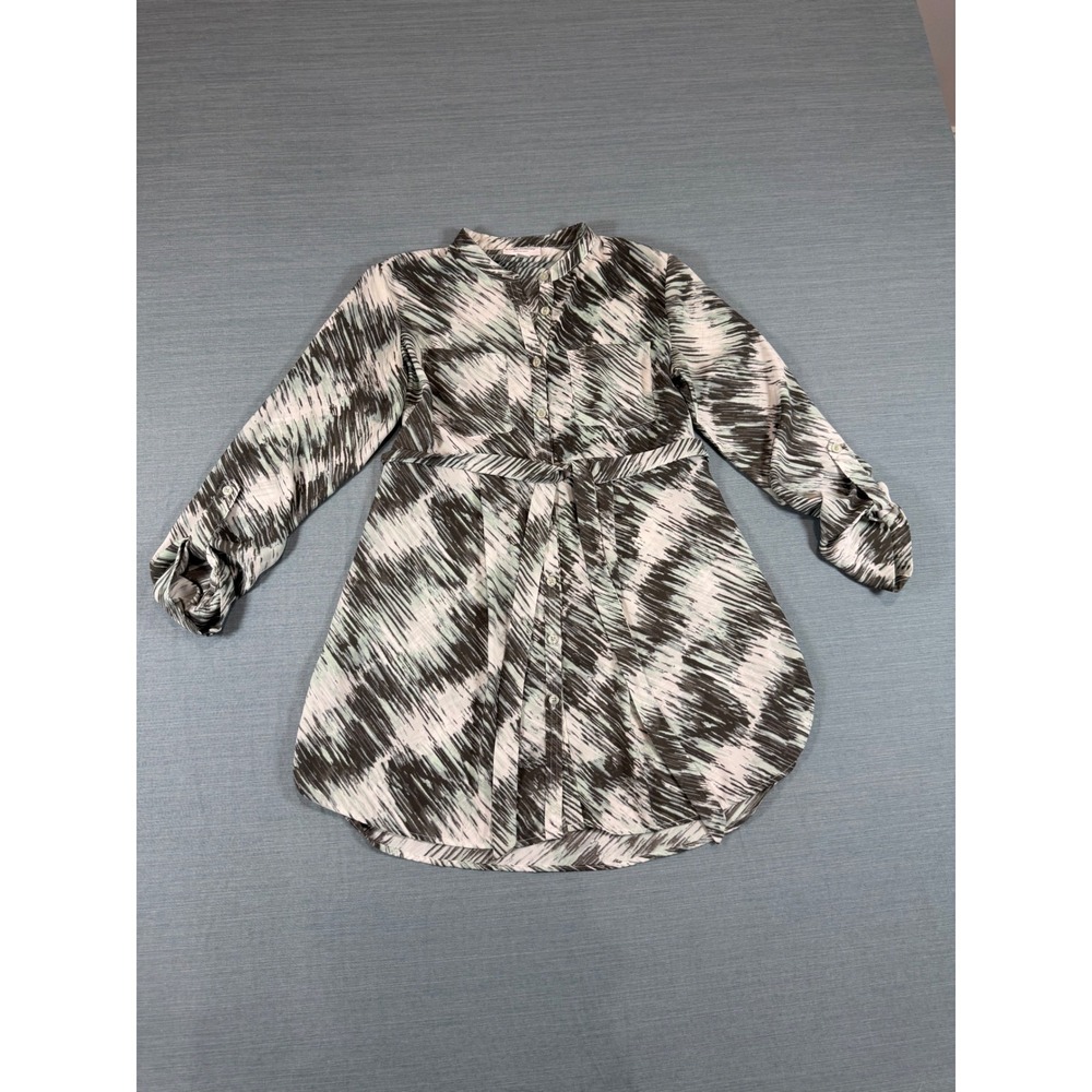 Liz Lange Maternity Target Ikat Print Button Down Tunic Tie Waist XS Black Mint